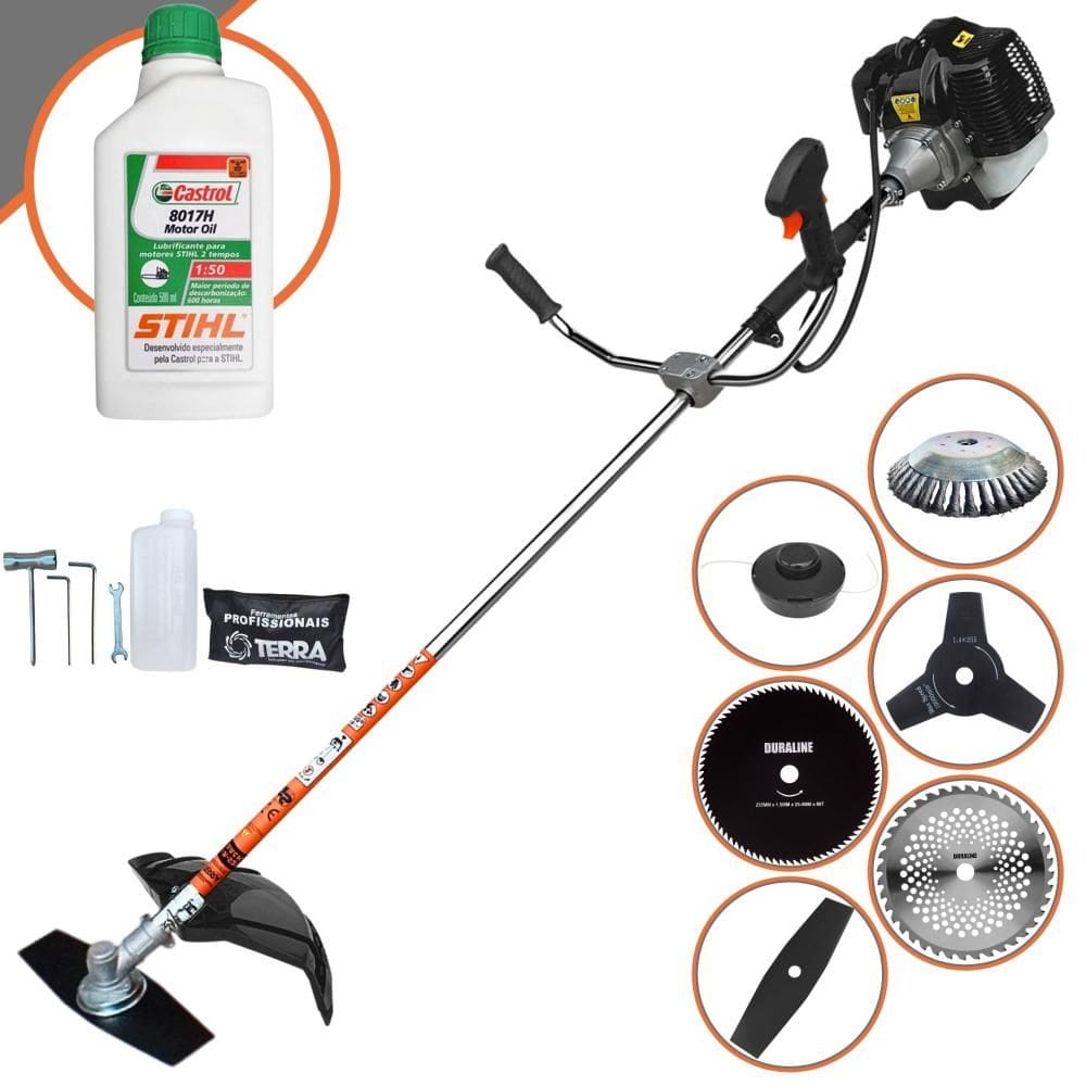 Roçadeira Terra GRH520 52cc Com Carretel de Nylon e Lâmina Facão + Lâmina 3 Pontas + Lâmina 40 Dentes + Lâmina 80 Dentes + Escova de Aço + ÓLEO STIHL