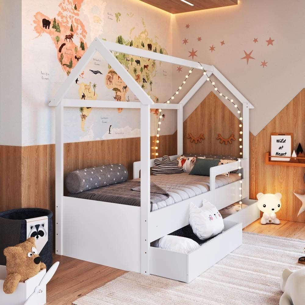 Cama Infantil Montessoriana Casinha Solteiro Gavetas com Roda Branca