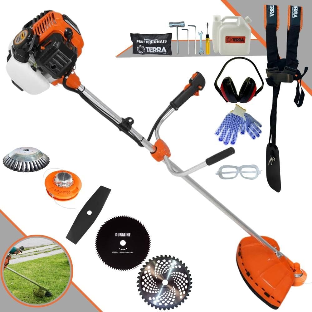 Roçadeira Robusta Terra GR520XP À Gasolina 52cc 2,5HP 5 Opções de Corte Com Facas 2 Pontas, 40 Dentes, 80 Dentes, Escova de Aço e Carretel Nylon + EPI