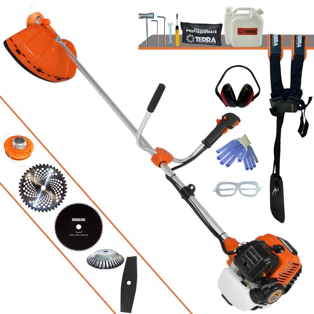 Roçadeira Terra GR520-XP À Gasolina 2T 52cc 2,5HP Completa Com Carretel Nylon + Faca 2 Pontas + Faca 40 Dentes + Faca 80 Dentes + Escova de Aço + EPI