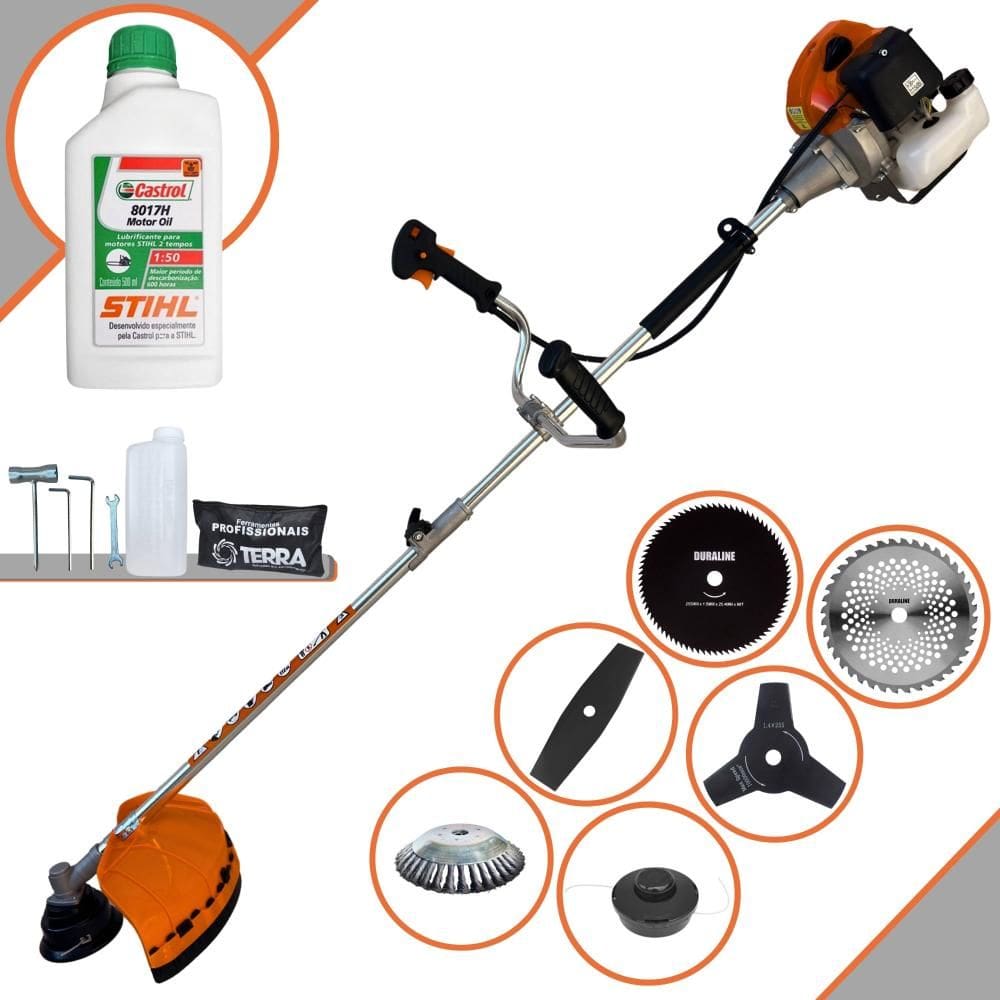Cortador de Grama À Gasolina Terra GRHB430 Bi-Partida 43cc 1,7HP 12000rpm Roçadeira Lateral 6 Em 1 Com Carretel + Kit 4 Facas + Escova + ÓLEO STIHL 2T