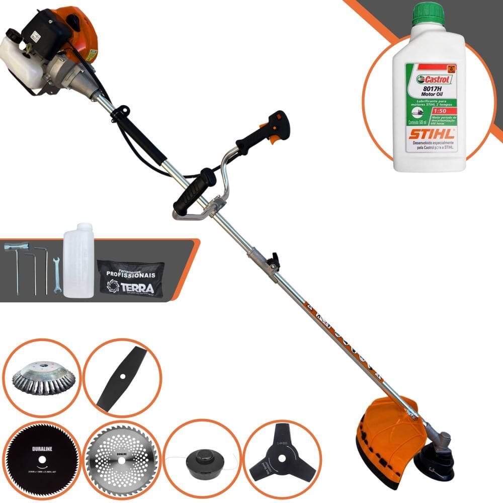 Roçadeira Robusta Terra GRHB430 Bi-Partida À Gasolina 43cc 1,7HP 12.000rpm Multifuncional Com Carretel + 4 Lâminas de Corte + Escova + ÓLEO STIHL 2T