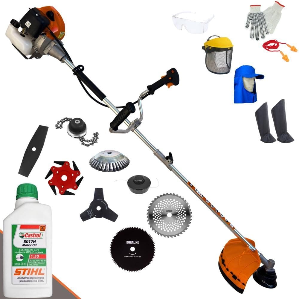 Cortador de Grama À Gasolina Terra GRHB430 Bipartida 43cc 1,7HP Alta Rotação Roçadeira Completa Com Carretel e 7 Opções de Corte + EPI + ÓLEO STIHL 2T