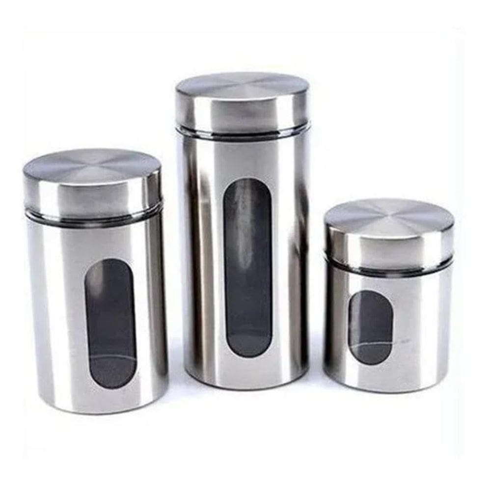 Jogo De 3 Potes Herméticos Vidro E Aço Inox