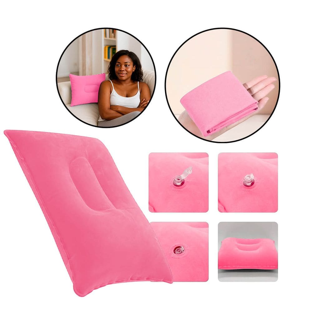 Travesseiro Almofada Inflável Aveludado PVC Viangens camping - Rosa