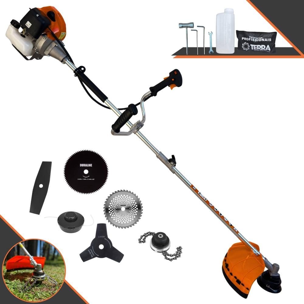 Roçadeira À Gasolina Terra GRHB430 Bipartida 43cc + Lâmina 2 Pontas + Lâmina 3 Pontas + Lâmina 40 Dentes + Lâmina 80 Dentes + Carretel Nylon + Trimmer