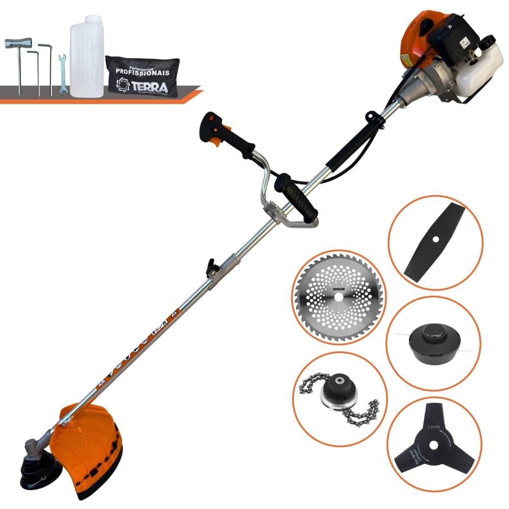 Roçadeira À Gasolina Terra GRHB430 Bipartida 1,7HP 43cc Alta Performance Com Carretel + Faca 2 Pontas + Faca 3 Pontas + Faca 40 Dentes Vídea + Trimmer
