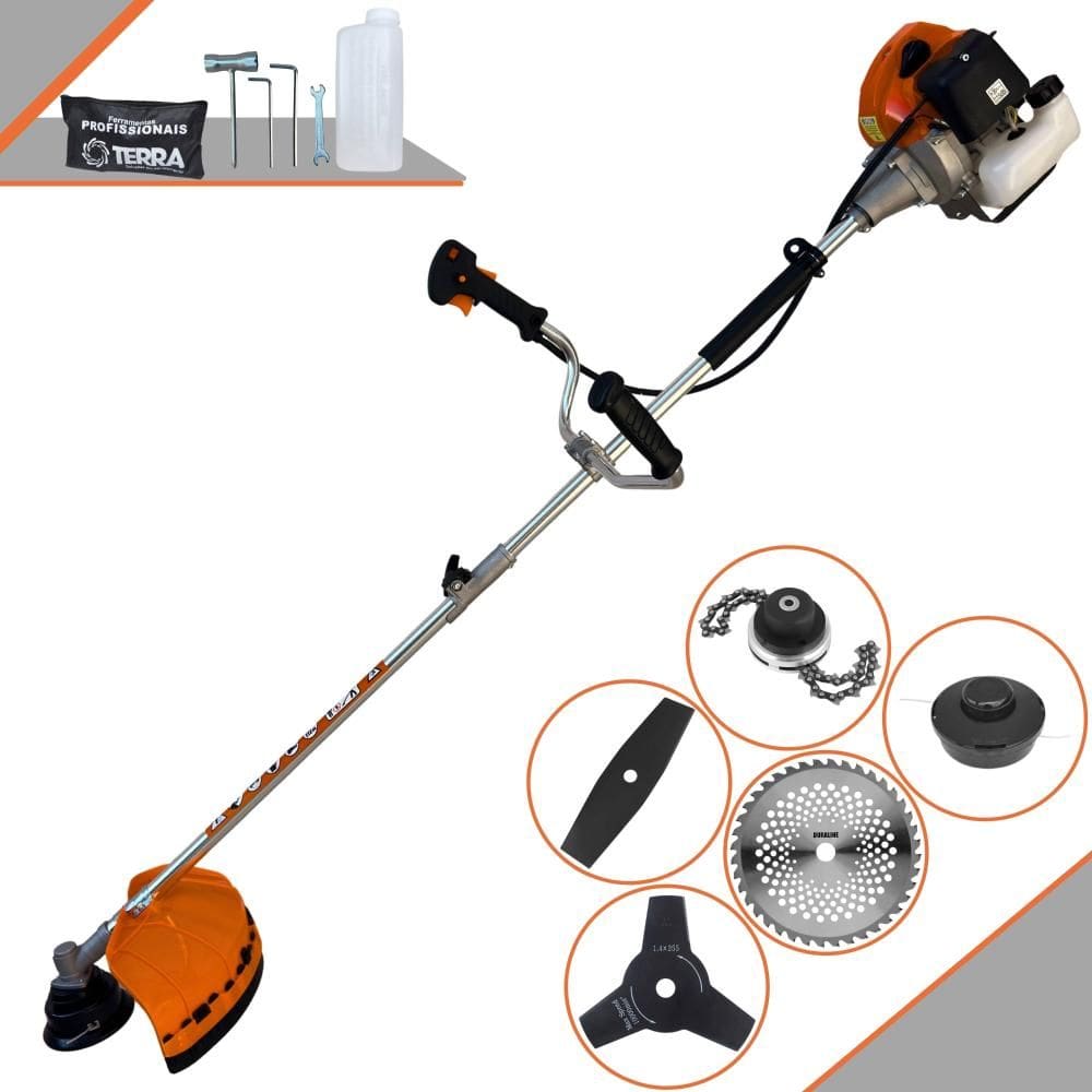 Roçadeira Terra GRHB430 Bi-Partida À Gasolina 2T 43cc 1,7HP 5 Em 1 Com Carretel Nylon e Faca 2 Pontas + Faca 3 Pontas + Faca 40 Dentes Vídea + Trimmer