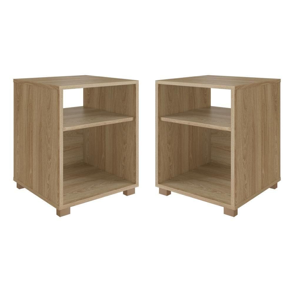 Kit 02 Mesa De Cabeceira Nicho 38,5cm Com Pé E Prateleira Aveiro Oak