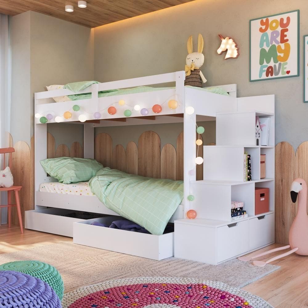 Cama Beliche Infantil Bicama Menino Menina 2,32m Com Escada, Nichos E Gavetas Com Rodas Branco