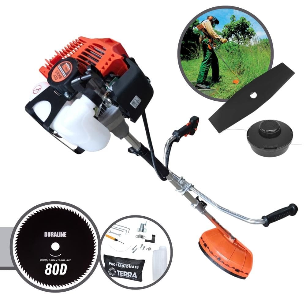 Roçadeira Multifuncional À Gasolina Terra GRHB-430 Bipartida 43cc 1,7HP Motor 2 Alta Rotação Com Carretel de Nylon + Faca 2 Pontas + Faca 80 Dentes