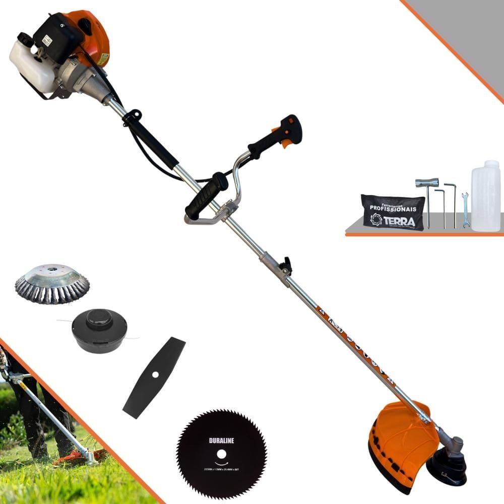 Roçadeira Multifuncional Terra GRHB430 Bi-Partido À Gasolina 43cc 1,7HP Com Carretel Nylon + Lâmina 2 Pontas + Lâmina 80 Dentes + Escova 38 Cerdas
