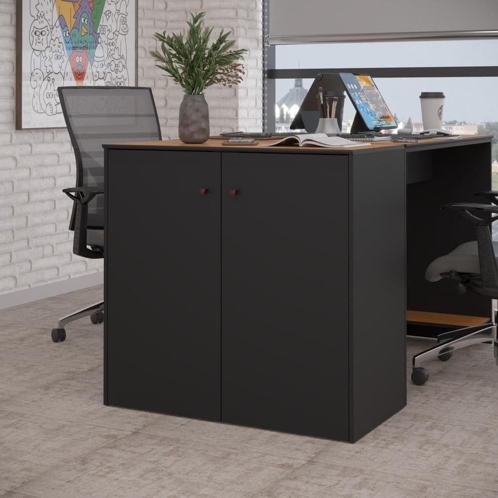 Buffet Aparador Compacto Com 2 Portas 77cm Escritório Tech - Preto E Cedro