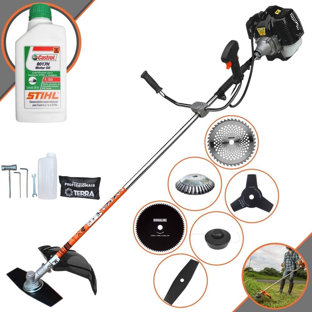 Roçadeira Robusta Terra GRH-520 À Gasolina 52cc Com Carretel e Faca 2 Pontas + Facas 3 Pontas, 40 Dentes Vídea, 80 Dentes + Escova de Aço + ÓLEO STIHL