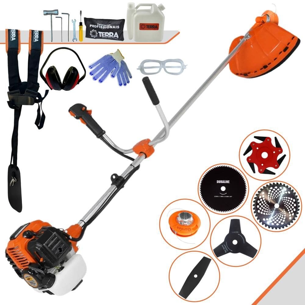 Roçadeira Lateral À Gasolina Terra GR520-XP 52cc 2,5HP 6.500rpm Alta Performance Roçadeira Completa Com Carretel Nylon e Kit 5 Lâminas de Corte + EPI