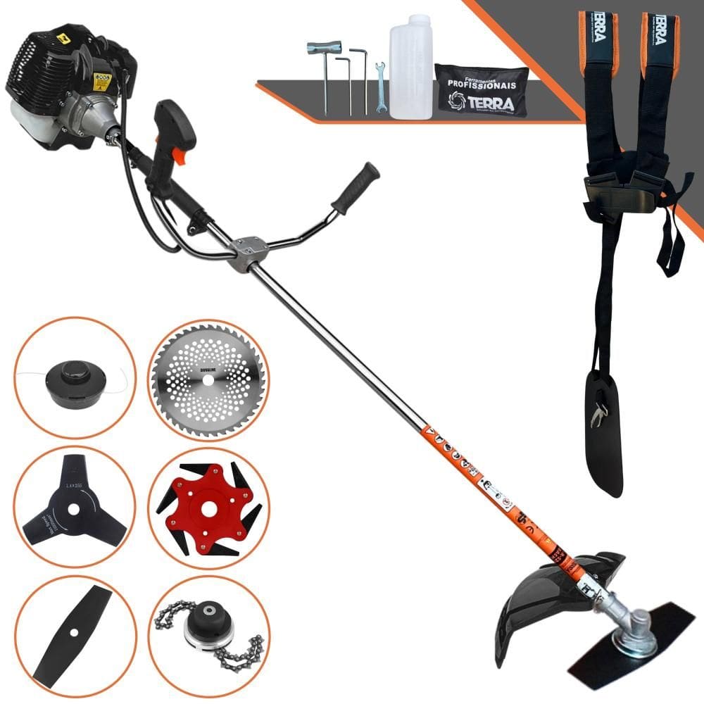 Máquina de Cortar Grama  À Gasolina Terra GRH520 2 Tempos 52cc 2,5HP 6.500rpm Roçadeira Completa Multifunções Com 6 Opções de Cortes