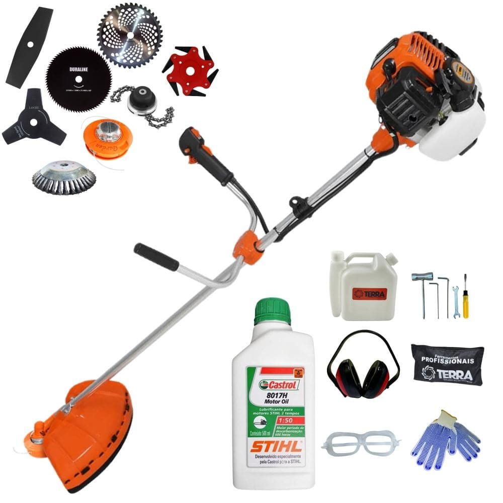 Roçadeira Terra GR520-XP 52cc 2,5HP Com Carretel + Facas 2 Pontas, 3 Pontas, 6 Pontas, 40 Dentes Vídea, 80 Dentes, Trimmer, Escova + ÓLEO STIHL + EPI