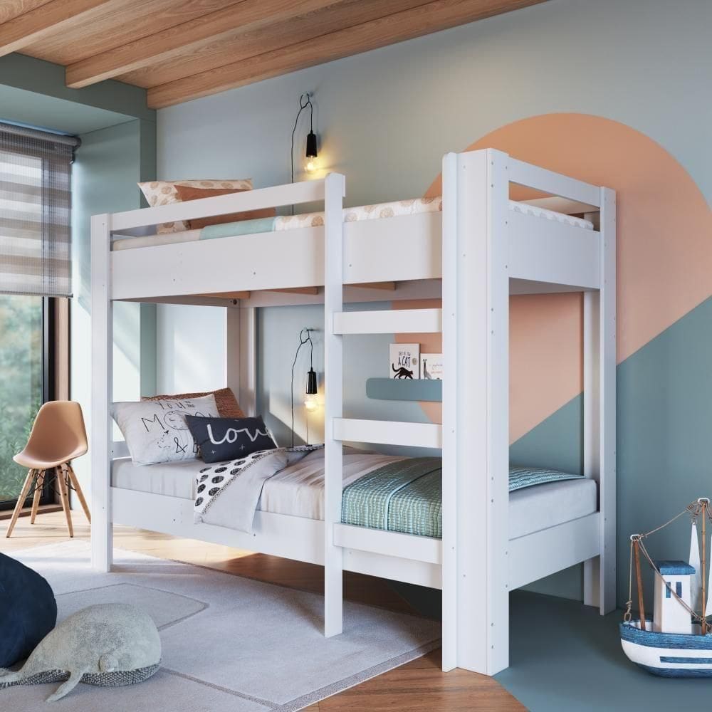 Cama Beliche Infantil Bicama Menino Menina Solteiro 1,96m Com Escada E Proteção Lateral Branca