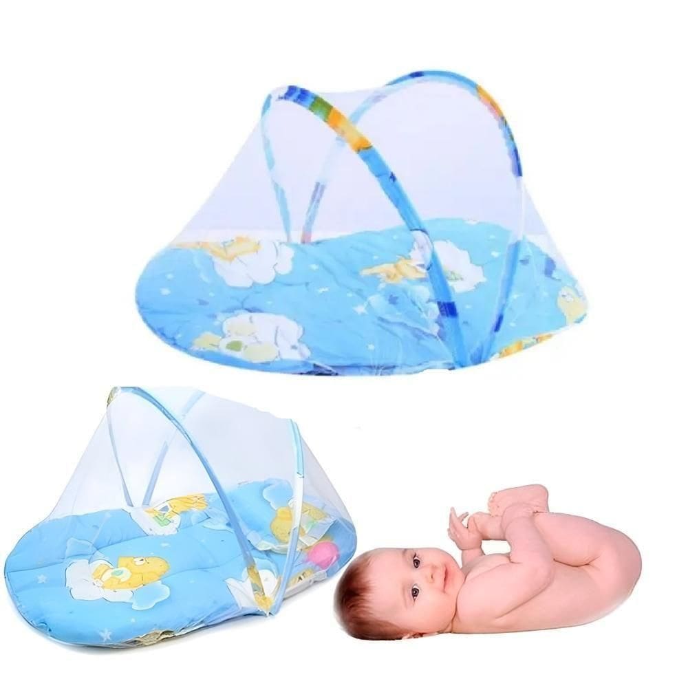 Berço Mosquiteiro Portátil Azul Com Colchão E Travesseiro Proteção E Conforto Para O Bebê