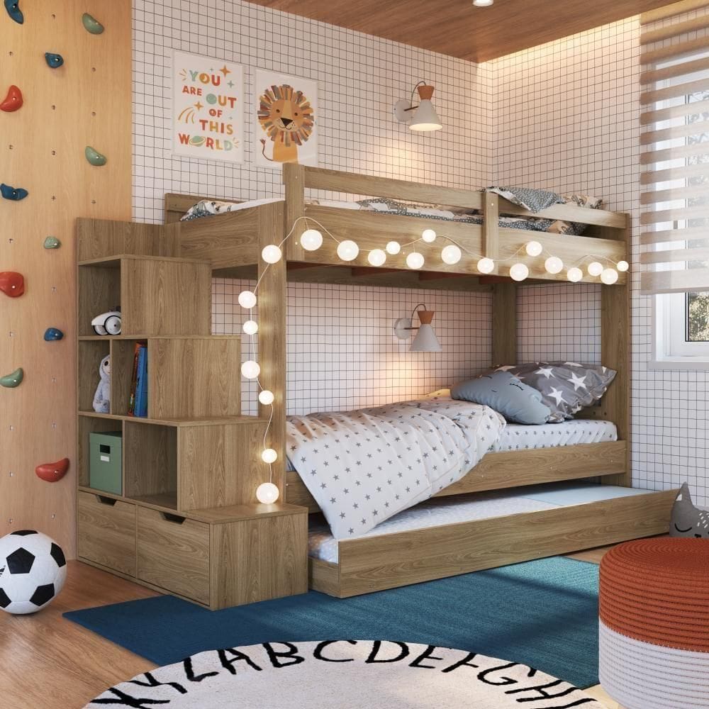 Cama Treliche Infantil Bicama Menino Menina 2,32m Com Escada, Nichos E Gavetas Aveiro Oak