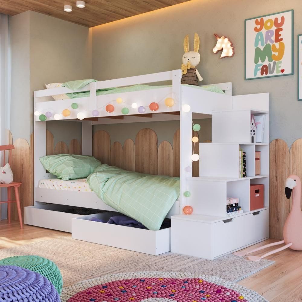 Cama Beliche Infantil Bicama Menino Menina 2,32m Com Escada, Nichos E Gavetas Com Rodas Branca