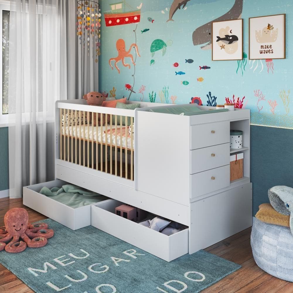 Berço Infantil Multifuncional Menino Menina 194cm Com Cômoda, Trocador E Gavetões Com Rodas Branco