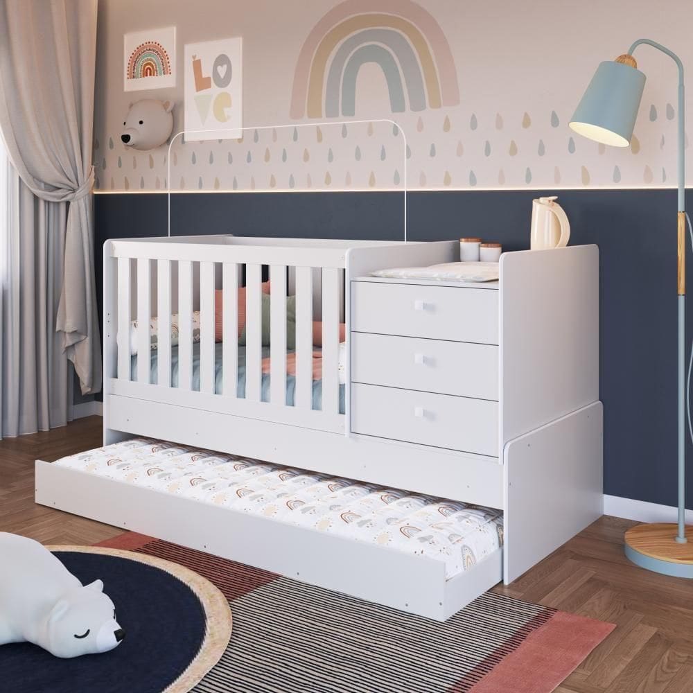 Berço Infantil Multifuncional 196cm Cômoda Trocador Cama Auxiliar Branco