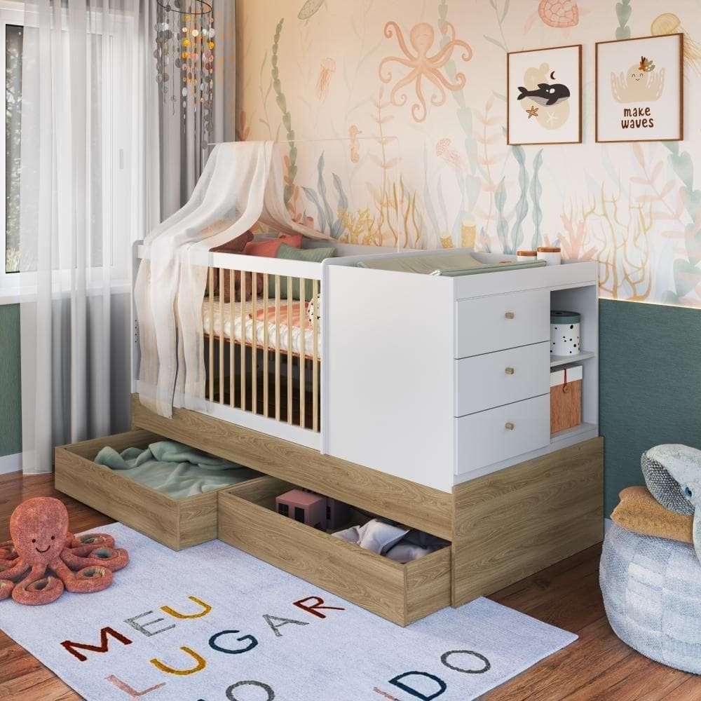 Berço Infantil Multifuncional 194cm Cômoda Trocador Gavetões Aveiro com Branco