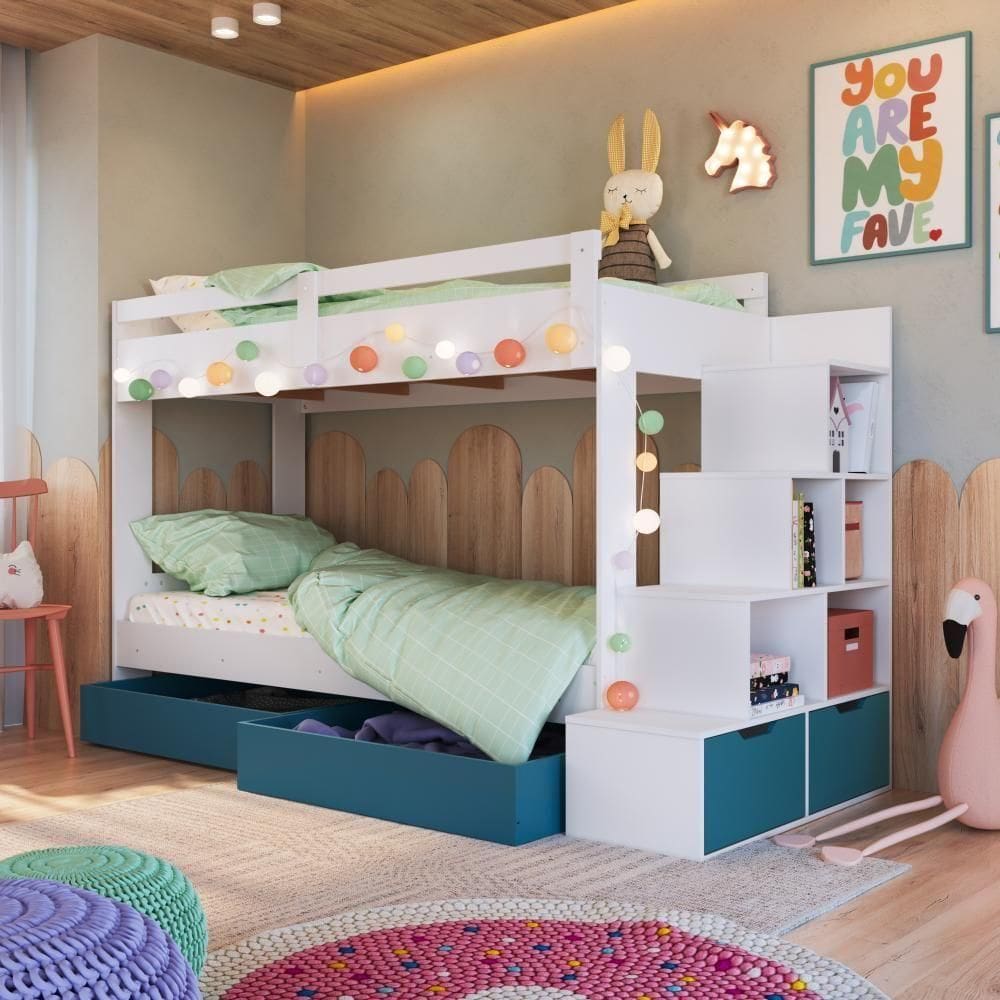 Cama Beliche Infantil Bicama 2,32m Escada Nichos Gavetas Branco com Azul