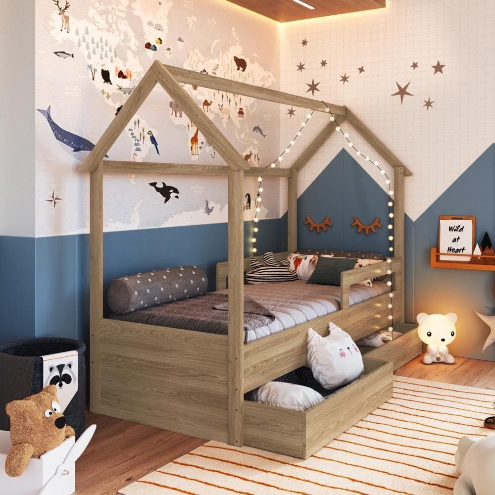 Cama Infantil Montessoriana Casinha Solteiro Gavetas com Roda Aveiro