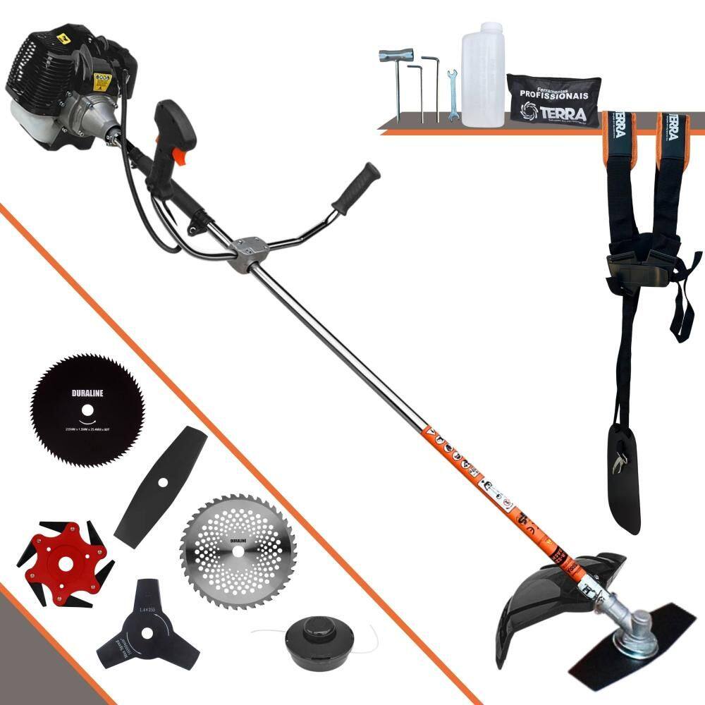 Roçadeira Terra GRH520 À Gasolina 52cc 2,5HP 6 Em 1 Com Carretel, Faca 2 Pontas + Faca 3 Pontas + Faca 6 Pontas + Faca 40 Dentes + Faca 80 Dentes