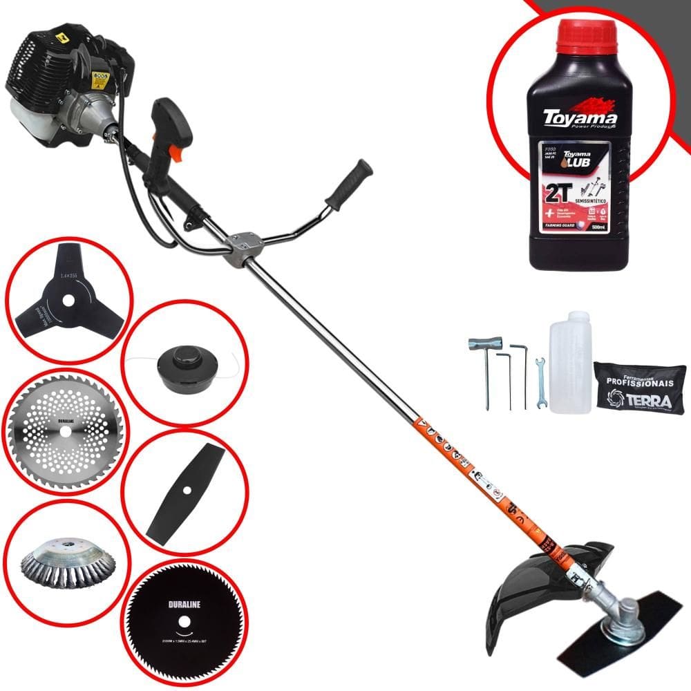 Roçadeira Lateral Terra GRH520 À Gasolina 52cc 2,5HP 6.500rpm Robusta Com Carretel Nylon + 4 Lâminas de Corte + Escova de Aço + ÓLEO TOYAMA 2 TEMPOS