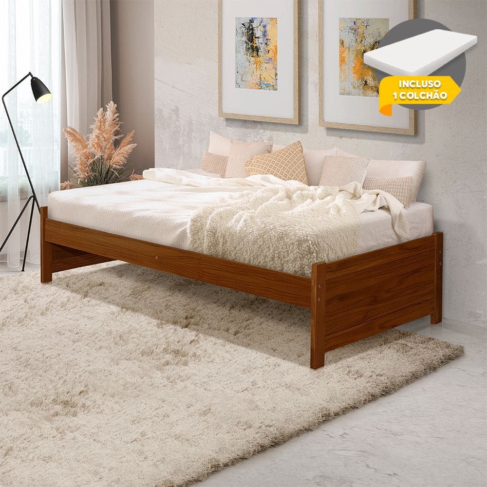 Cama Solteiro com Colchão Gabrieli Madeira Maciça Durável Castanho