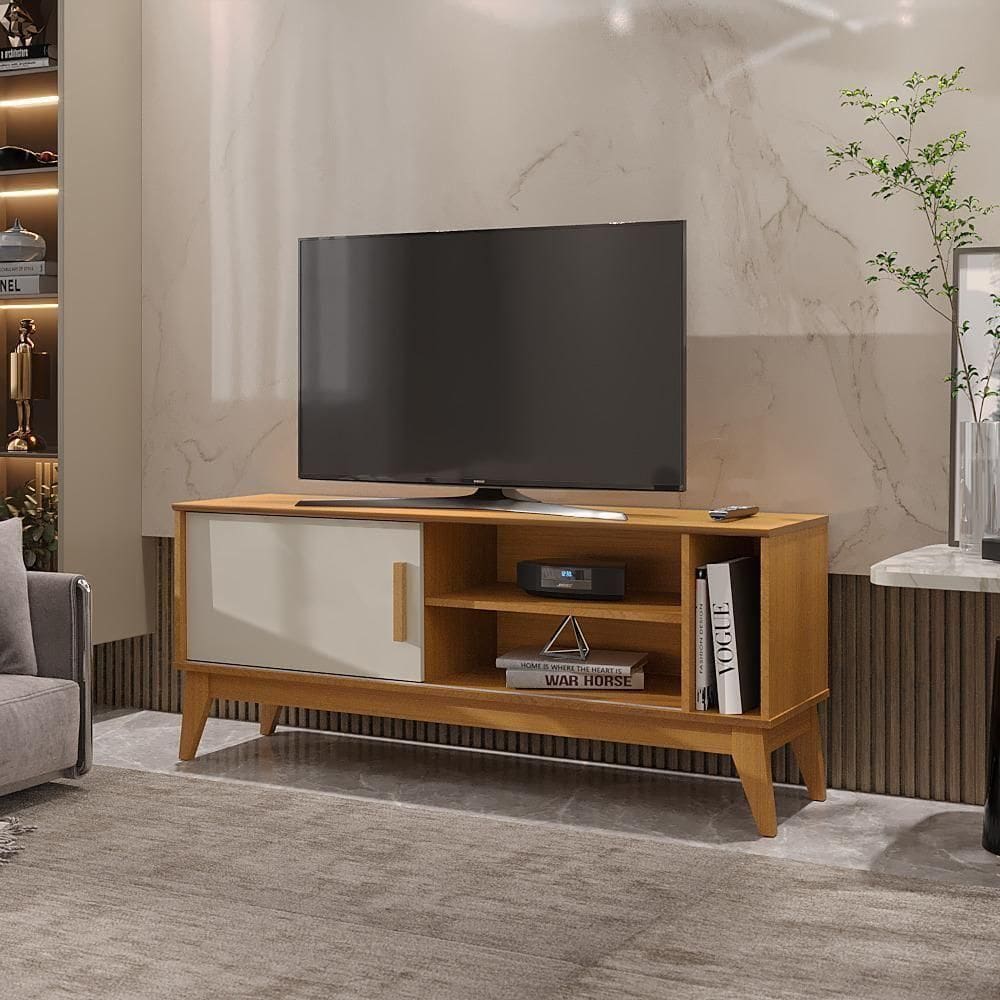 Rack Tv 55 Polegadas 1 Porta E Puxador De Madeira Arizona - Cedro E Off White