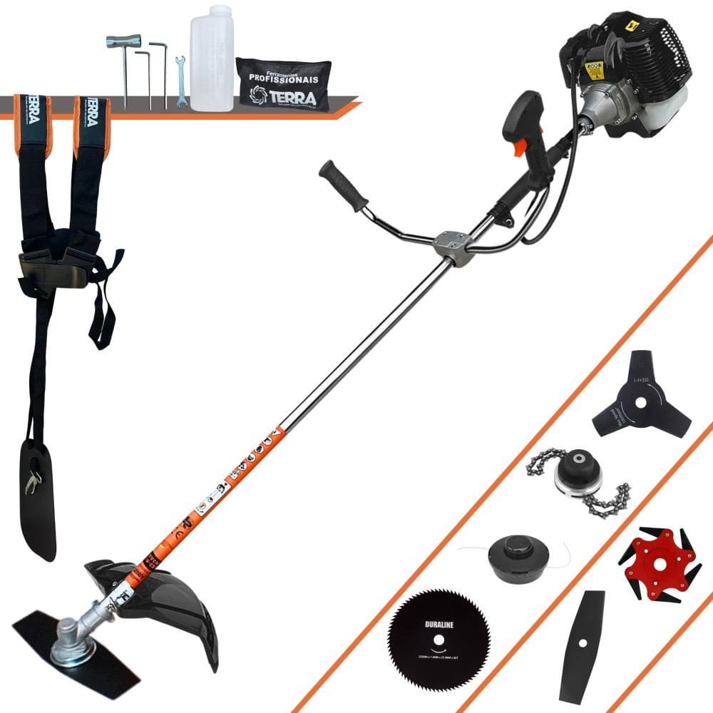Roçadeira Cortador de Grama Terra GRH-520 À Gasolina 2T 52cc 6.500rpm + Kit Extra de Lâmina 3 Pontas, Lâmina 6 Pontas, Lâmina 80 Dentes e Trimmer