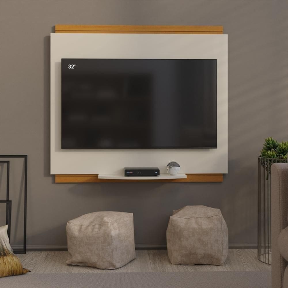 Painel Tv 32 Polegadas Com Prateleira Asteca - Off White E Cedro