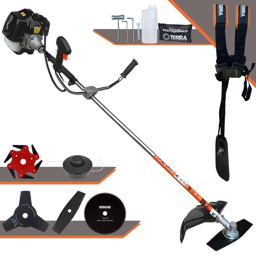 Roçadeira À Gasolina Terra GRH-520 52cc 2T 2,5HP 5 Em 1 Com Carretel de Nylon + Lâmina 2 Pontas + Lâmina 3 Pontas + Lâmina 6 Pontas + Lâmina 80 Dentes