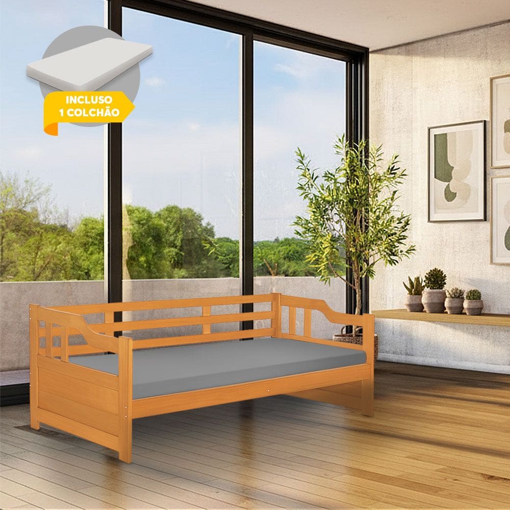 Sofá Cama Zurique com Colchão Mona de Madeira Maciça Imbuia