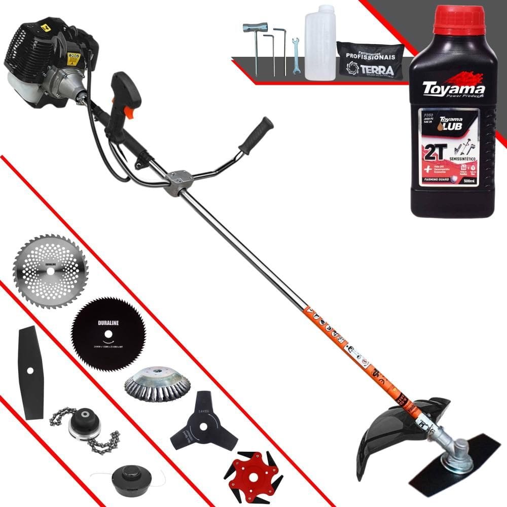 Roçadeira Completa À Gasolina Terra GRH520 Motor 2 Tempos 52cc 2,5HP Alta Performance Com Carretel de Nylon + Kit 7 Opções de Corte + ÓLEO TOYAMA 2T