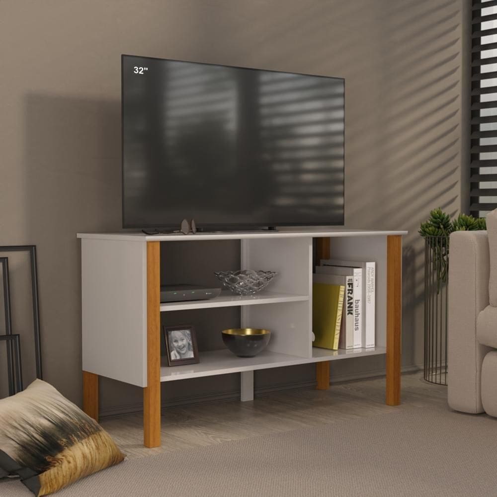 Rack Tv 43 Polegadas 90cm Com 3 Prateleiras Asteca - Branco E Cedro Branco E Cedro