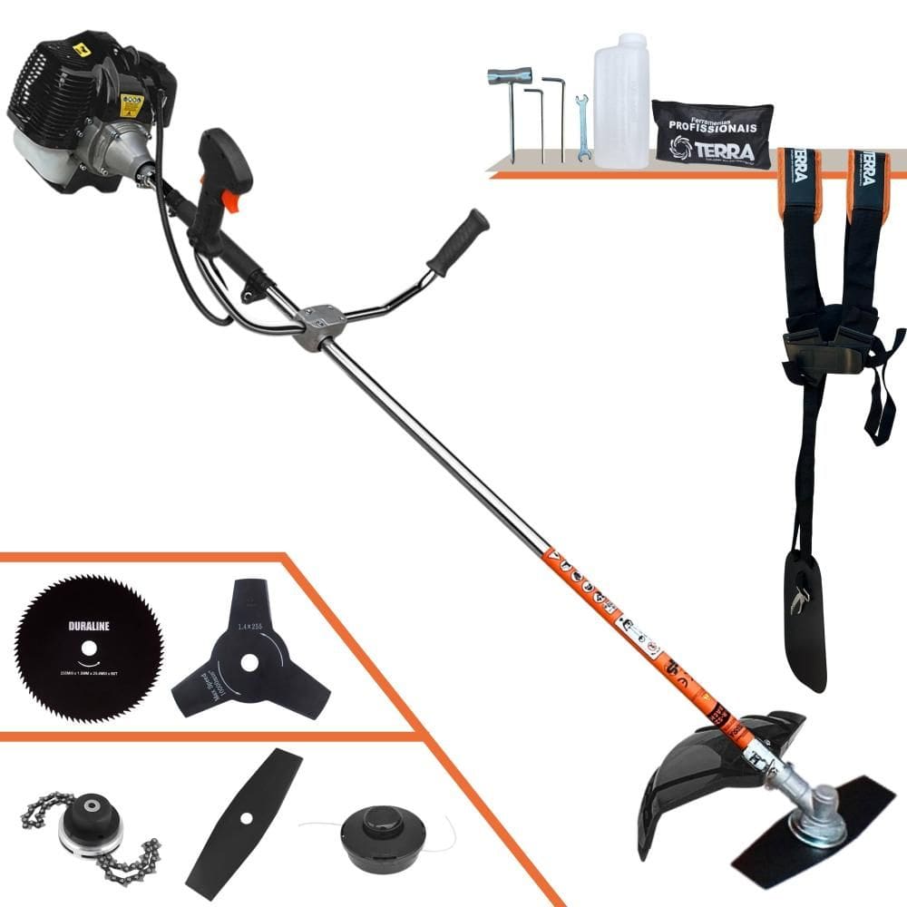 Roçadeira Cortador de Grama Profissional Terra GRH-520 À Gasolina 2 Tempos 2,5HP 52cc 6.500rpm + Kit Extra de Faca 3 Pontas, Faca 80 Dentes e Trimmer