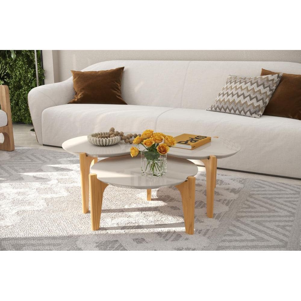 Kit Mesas de Centro Caribe 105cm + 55cm - Off White Perolizado/Freijo