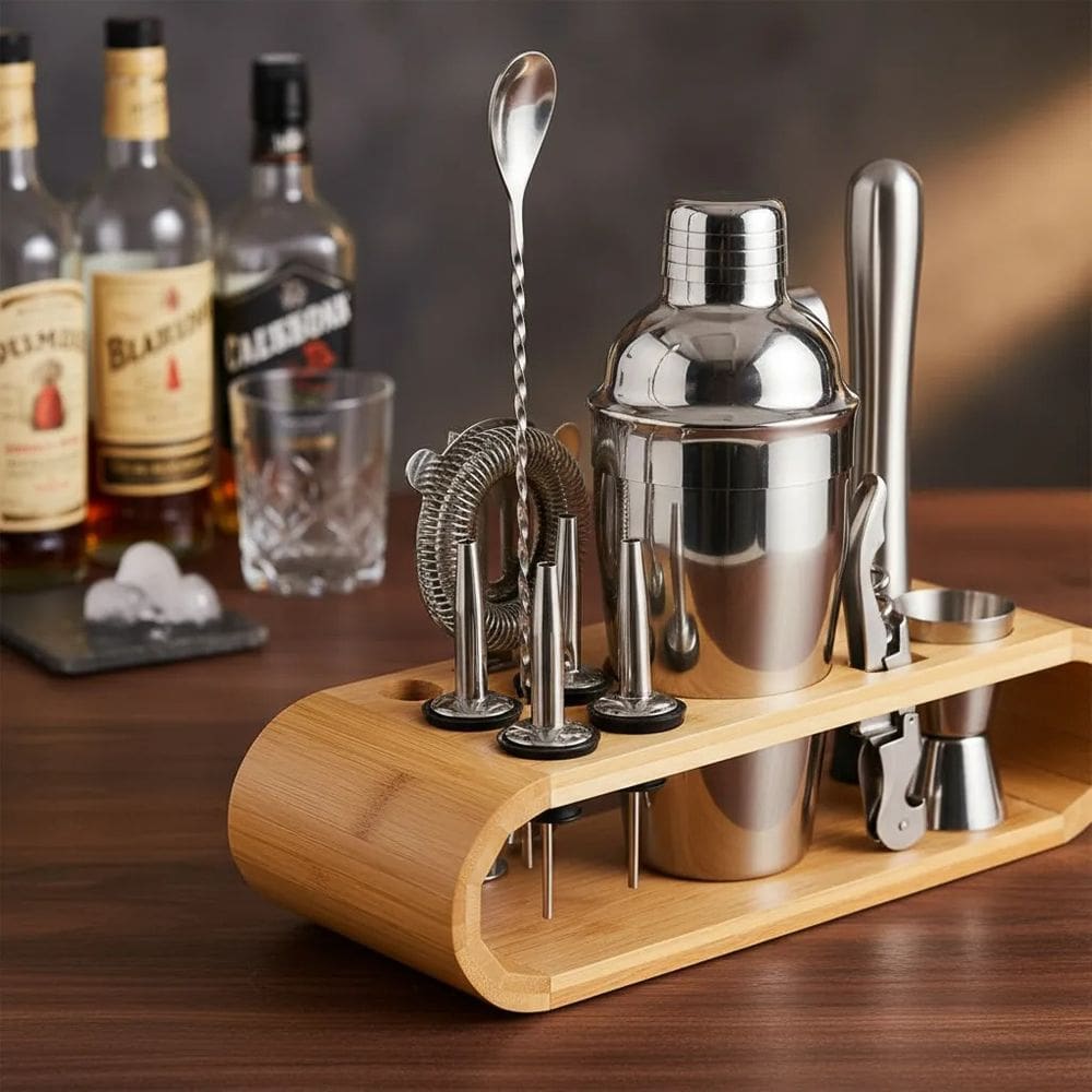 Kit Bartender Profissional 10 Peças Aço Inox Premium com Suporte Bambu Coqueteleira Luxo Bar