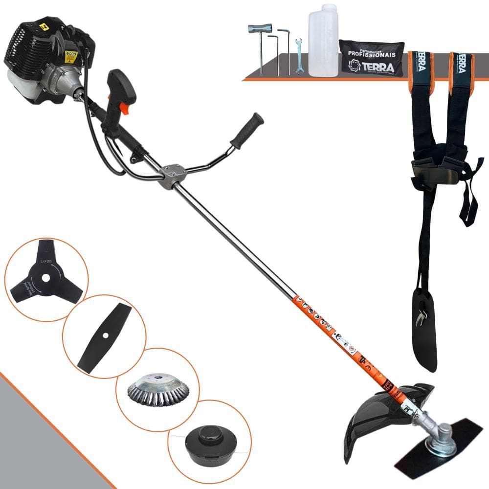 Roçadeira Podador de Grama Terra GRH520 À Gasolina 52cc 2,5HP Com Carretel Nylon + Lâmina Facão + Lâmina 3 Pontas + Escova Circular de Aço 38 Cerdas