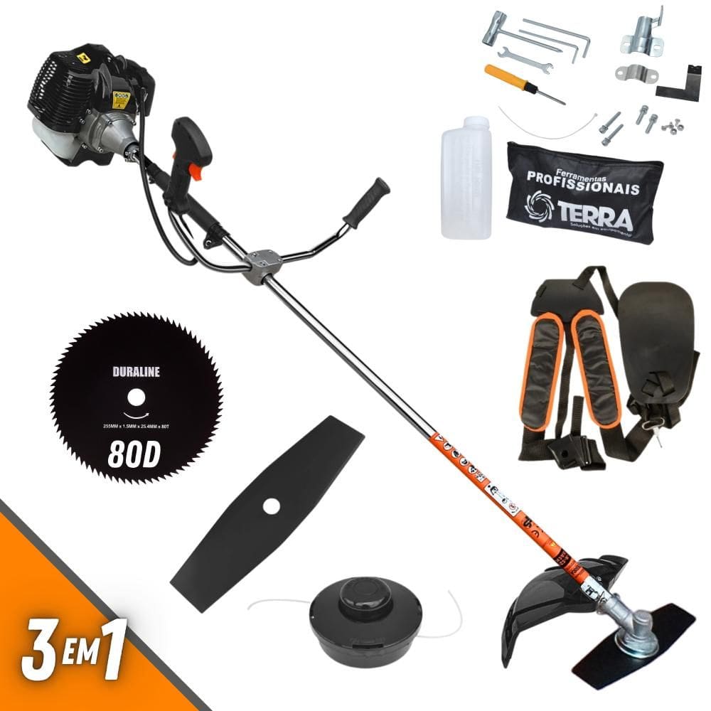 Roçadeira Completa Profissional Terra GRH520 À Gasolina 2T 52cc 2,5HP de Potência 6.500rpm + Lâmina Facão + Lâmina 80 Dentes + Carretel de Nylon
