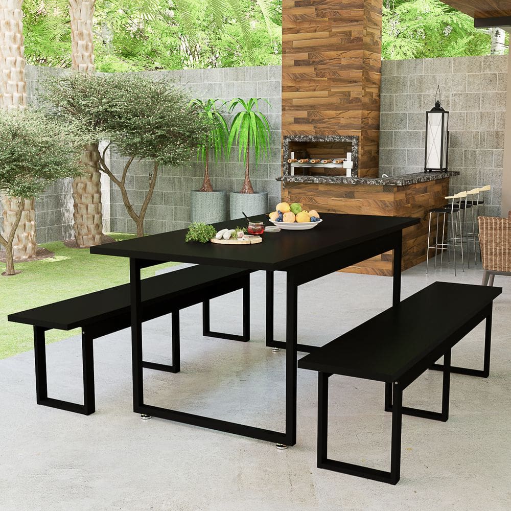 Conjunto De Mesa Retangular Com 2 Bancos Base De Ferro Estilo Industrial