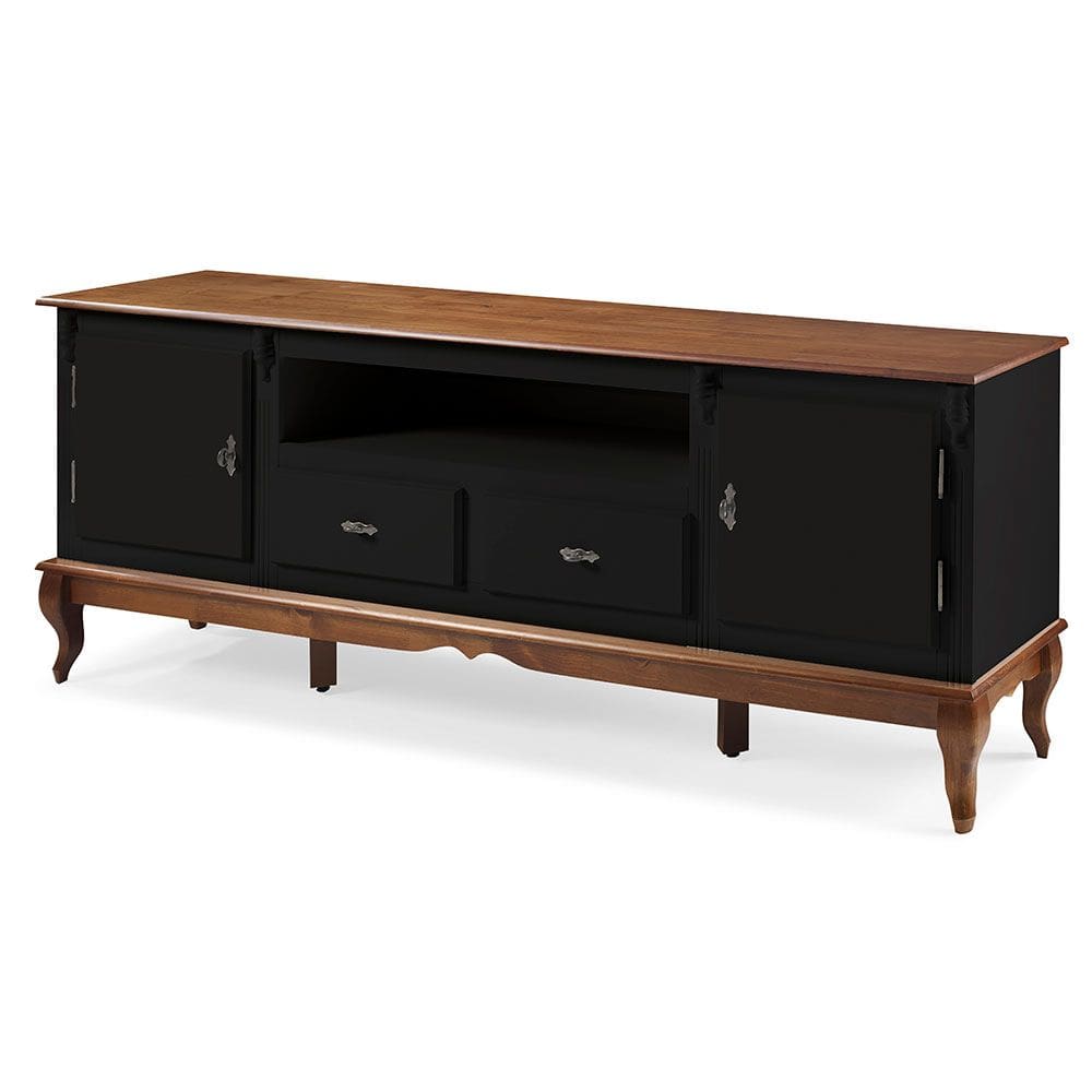Rack para Sala com Pés Luis XV 2 Gavetas 2 Portas de Madeira e Nicho 60503M Linz Móveis - Preto/Imbuia Glazer