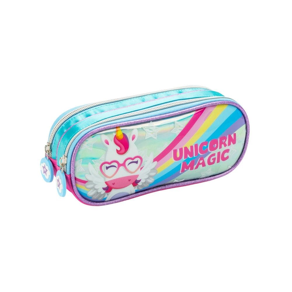 Estojo Escolar Duplo Unicórnio Rainbow 15x21x6 cm