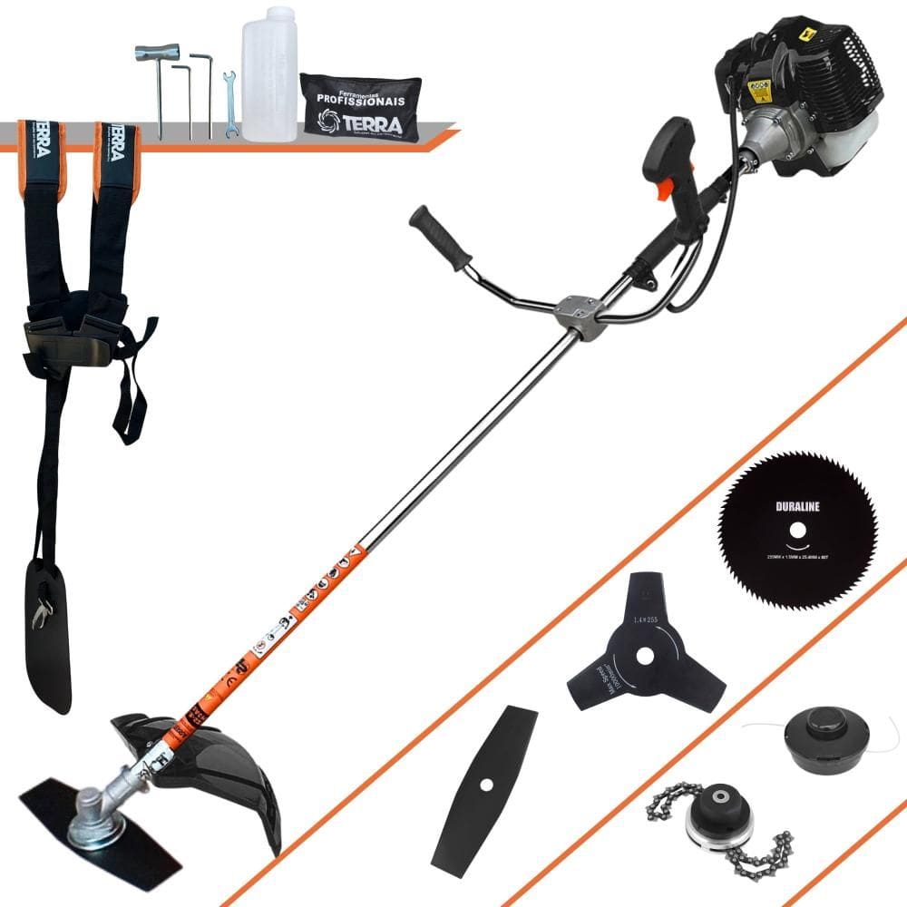 Roçadeira Terra GRH520 À Gasolina 52cc 2,5HP Com 5 Opções de Corte Com Carretel de Nylon + Faca 2 Pontas + Faca 3 Pontas + Faca 80 Dentes + Trimmer