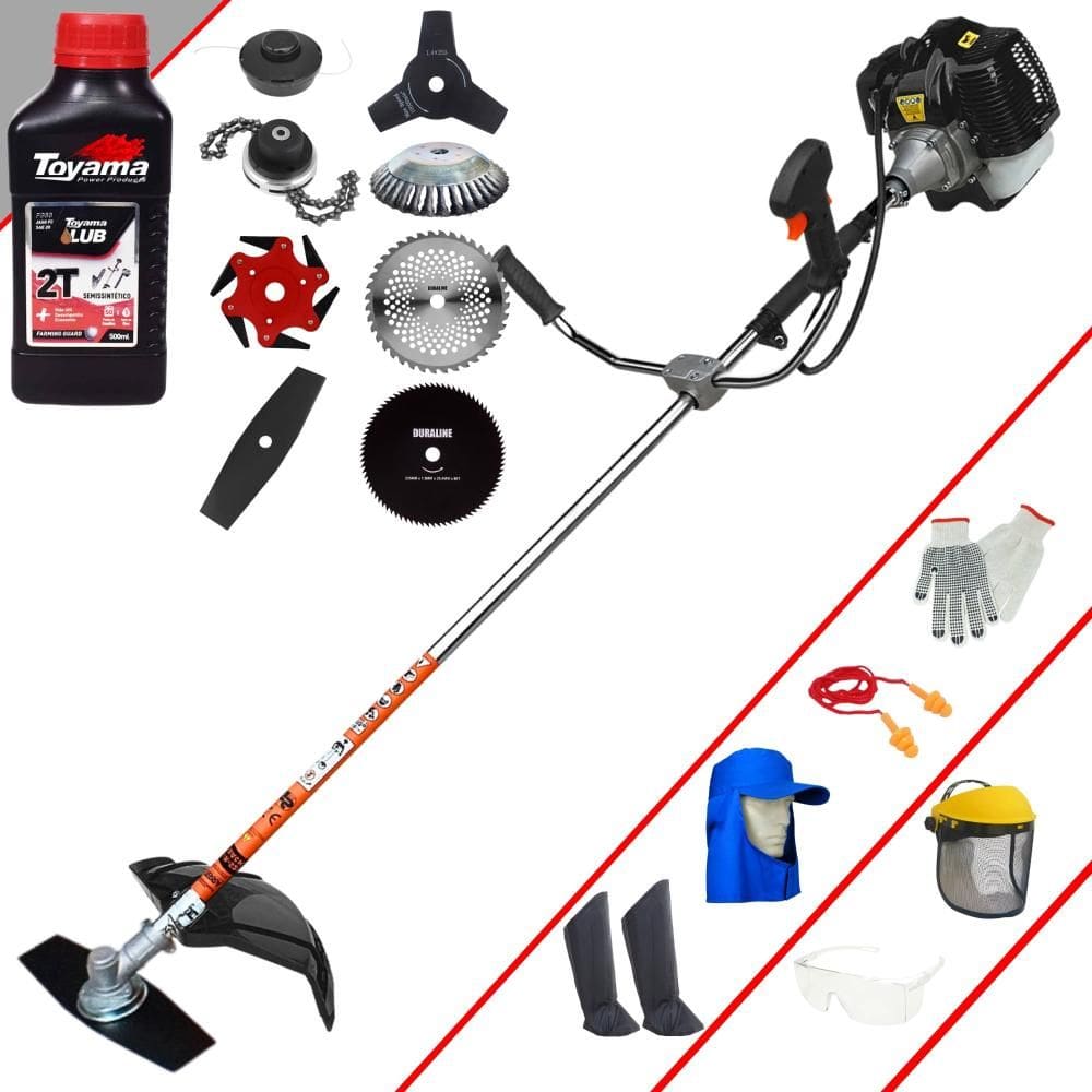 Podador de Grama À Gasolina Terra GRH-520 52cc 2,5HP Alta Rotação Roçadeira Completa Com Carretel Nylon e Kit 7 Opções de Corte + EPI + ÓLEO TOYAMA 2T